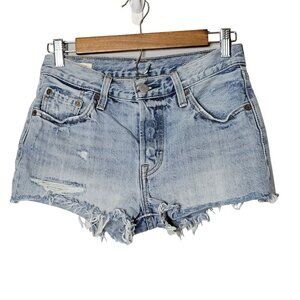 Levis 501 Womens 25 Festival Boho Grunge Distressed High Rise Denim Cutoff Short